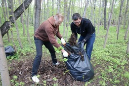 Дмитрий Долотов и Денис Белюскин расчищают территорию от опавшей листвы и веток